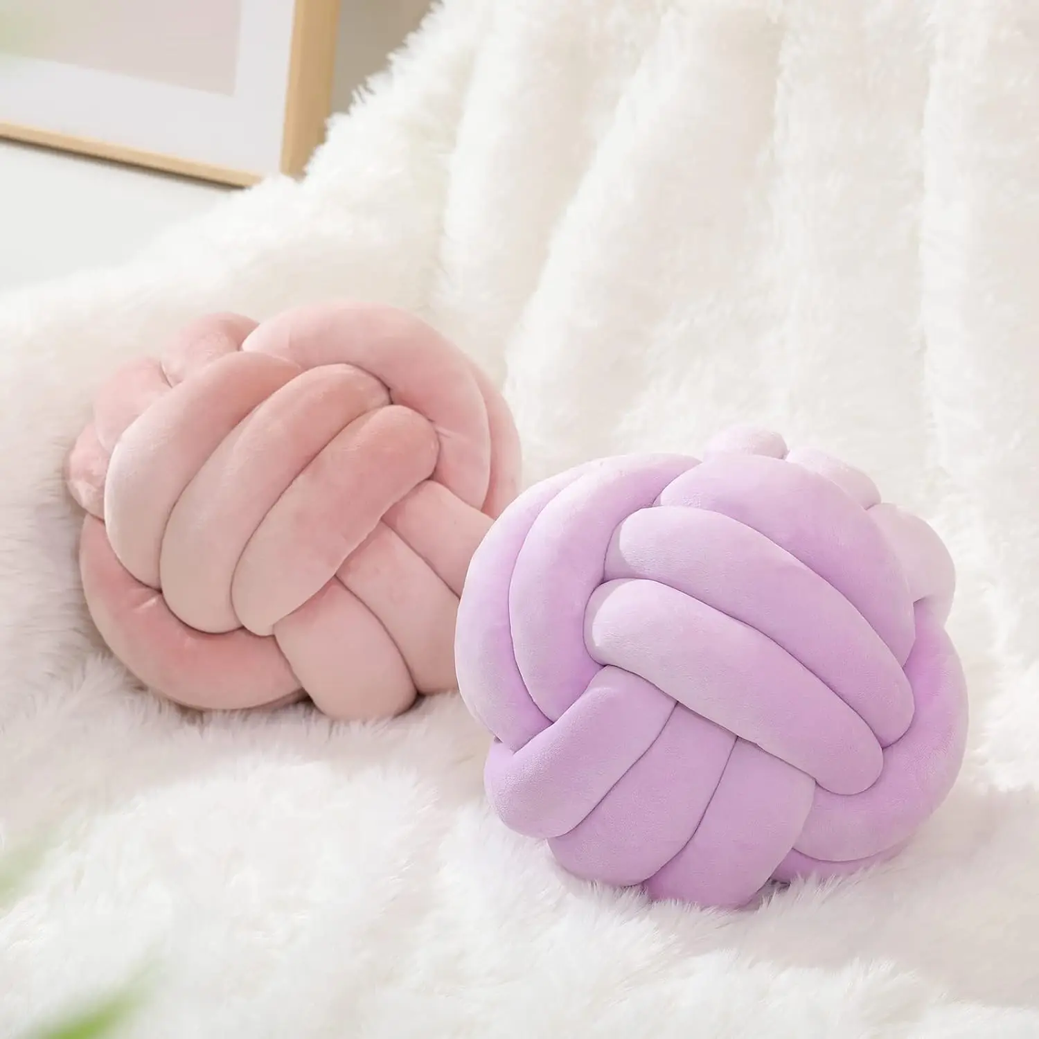 Handgefertigte blaue Kissenkugel mit Knoten für Zuhause, Stuhl, Sofa, Couch, Bett, ästhetisches rundes Samt-Geschenk, geknotetes Kissen, rosa – Detail 6