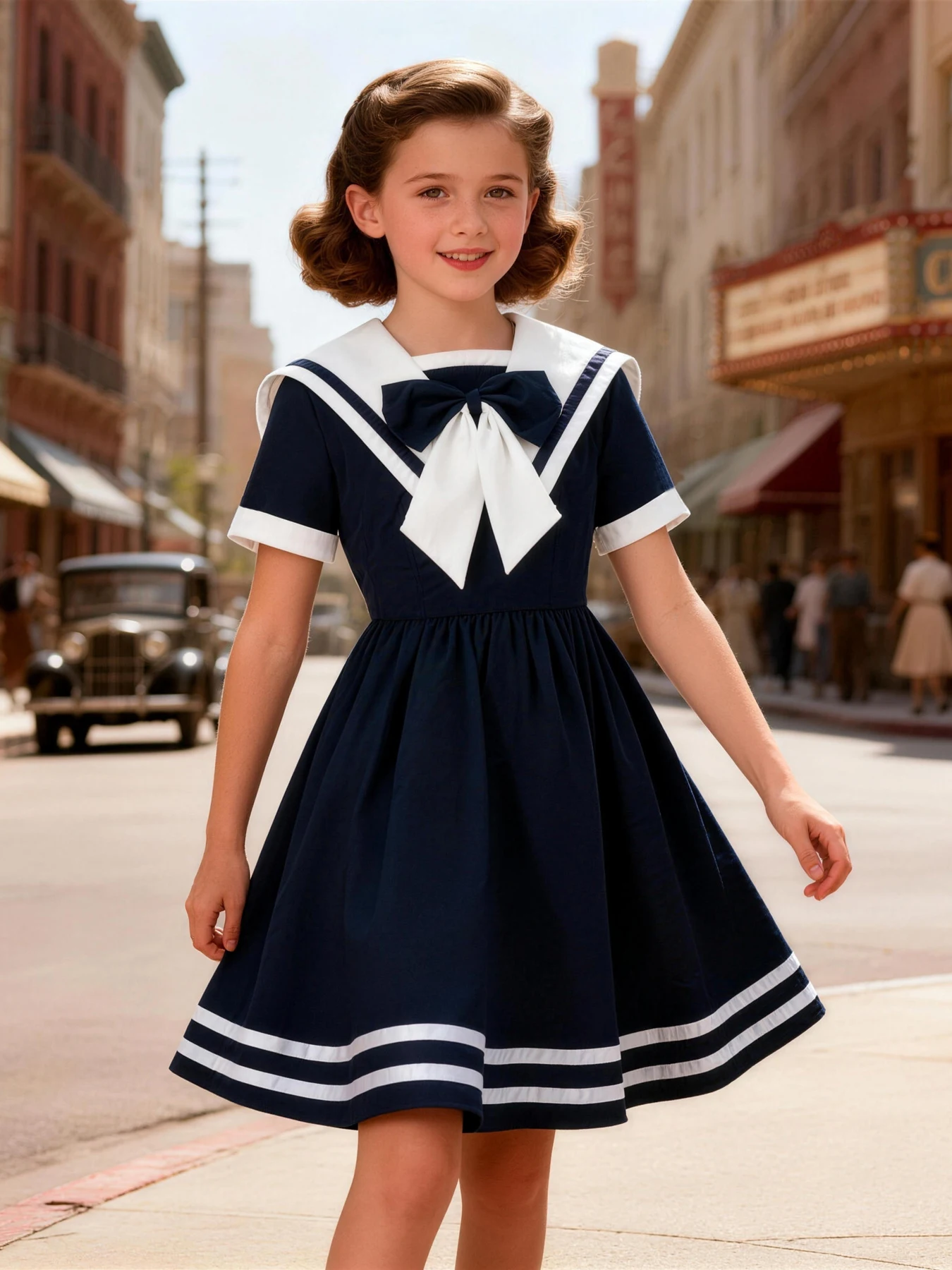 Tonval Sailor Collar Bow Front Vintage Dresses for Girls Summer Contrast Tape Hem Pleated Kids Dress