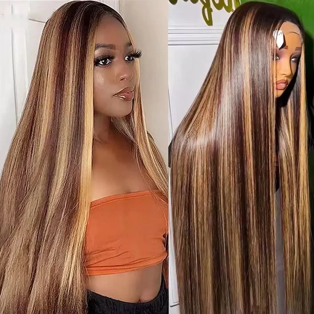 

13x4 HD Lace Human Hair Wigs 250 Density P4/27 Highlight Frontal Lace Preplucked Colored Straight Frontal Wig 16-34 Inches