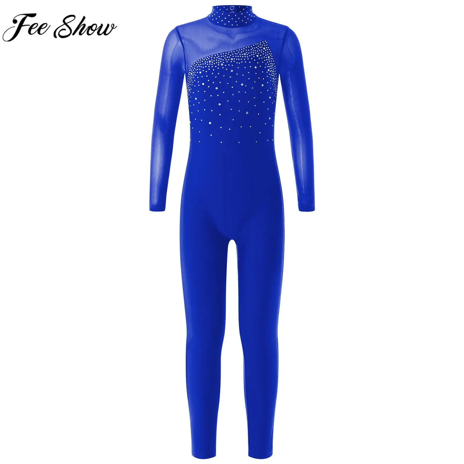 6-16Y Girls Ballet Dance Leotard Figure Skating Gymnastics Performance Bodysuit Shiny Rhinestone Sheer Mesh Jumpsuit Dancewear