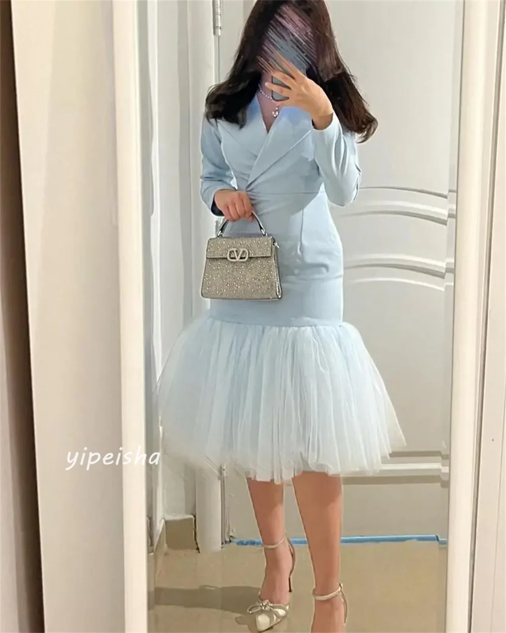 Jiayigong High Quality  Evening Jersey Ruched Homecoming Mermaid V-neck Bespoke Occasion Gown Midi Dresses