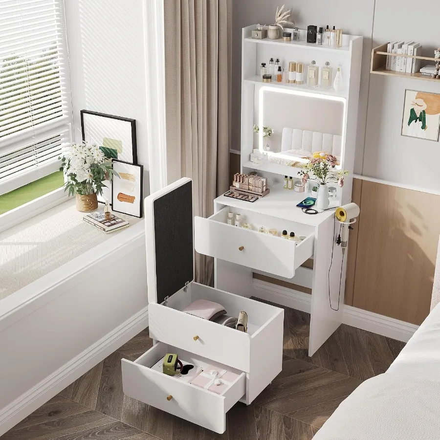 Make Up Vanity Desk with Mirror and Lights, Small Vanity With Storage Chair