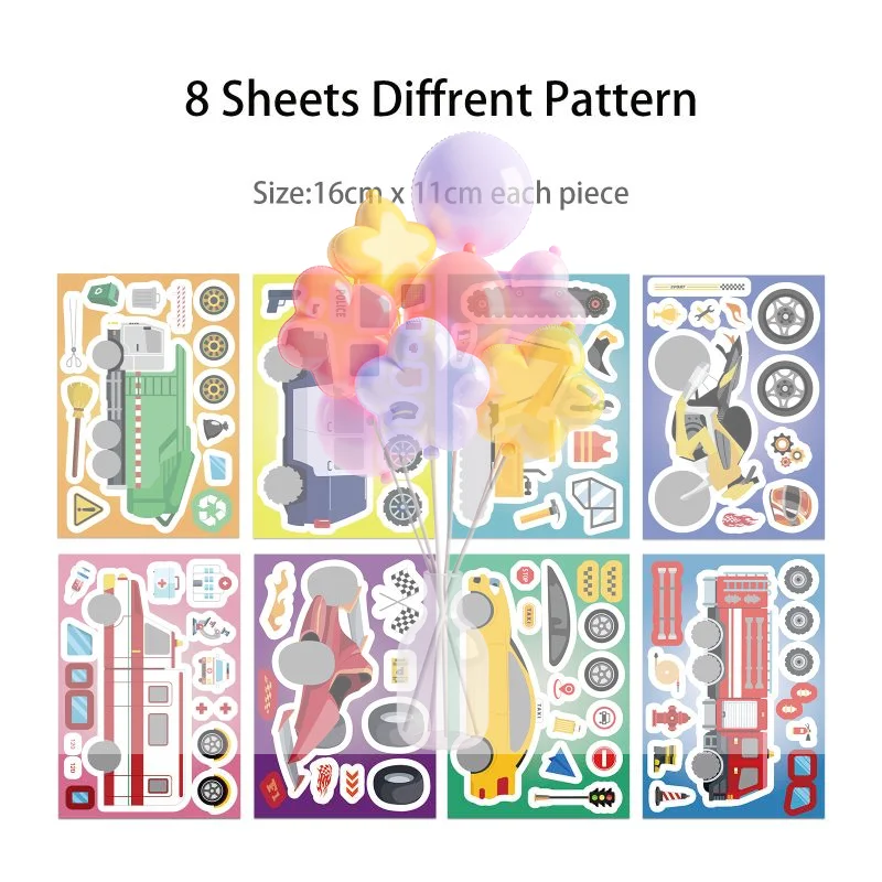 

8 листов мотоцикл экскаватор различные комбинации транспортных средств DIY наклейка пожарная машина скорая помощь головоломка наклейки подарки украшения