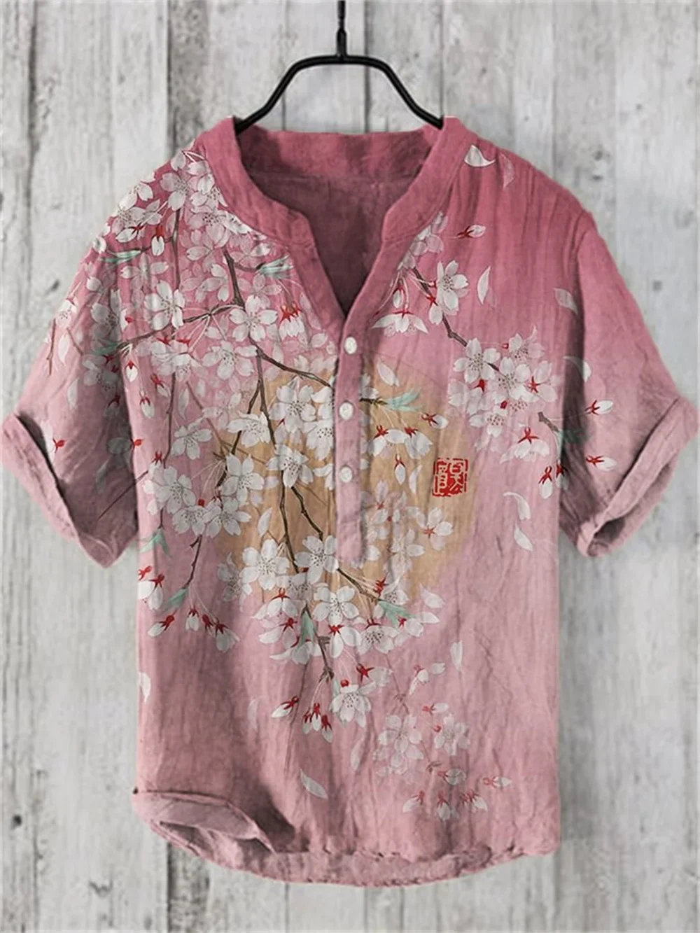 Men's Japanese Retro Art Cherry Blossom Print Pullover, Fashion Button, Henry Collar, Vacation Casual Top, New