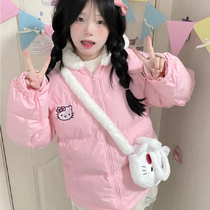 Sanrios Hello Kittys Sweet Winter Cotton Clothes Girl Kawaii Plus Thick Hooded Jacket Cartoon Cute Loose Warm Parkas Cotton Coat