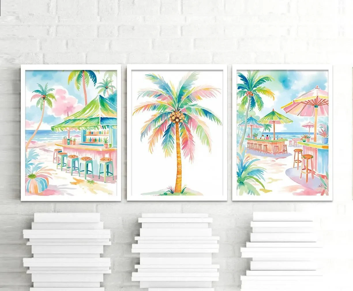 Home Bar Set - Boho Tropical Watercolor Wall Art Set,