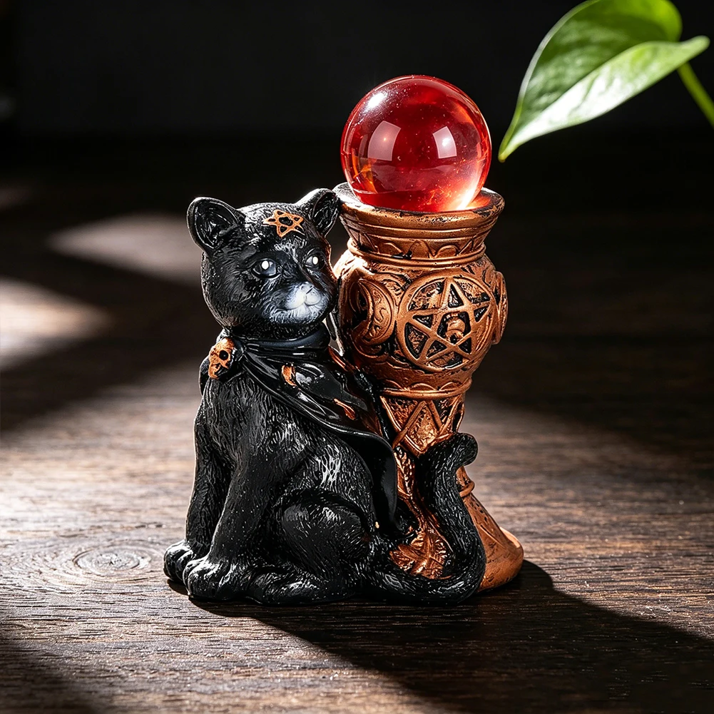 Wicca-Hexen Schwarze Katze Pentagramm Kristallkugelhalter Vintage Harz-Kerzenhalter Altar-Ornament Kugel-Präsentationsständer Deko-Geschenk – Detail 4