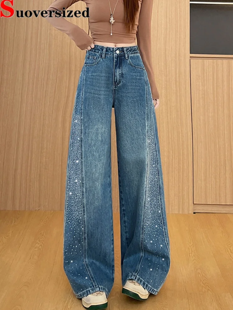 

Spliced Vintage Jeans Baggy Fashion Diamond Loose Streetwear Wide Leg Vaqueros High Waisted Straight Fashion Retro Denim Pants