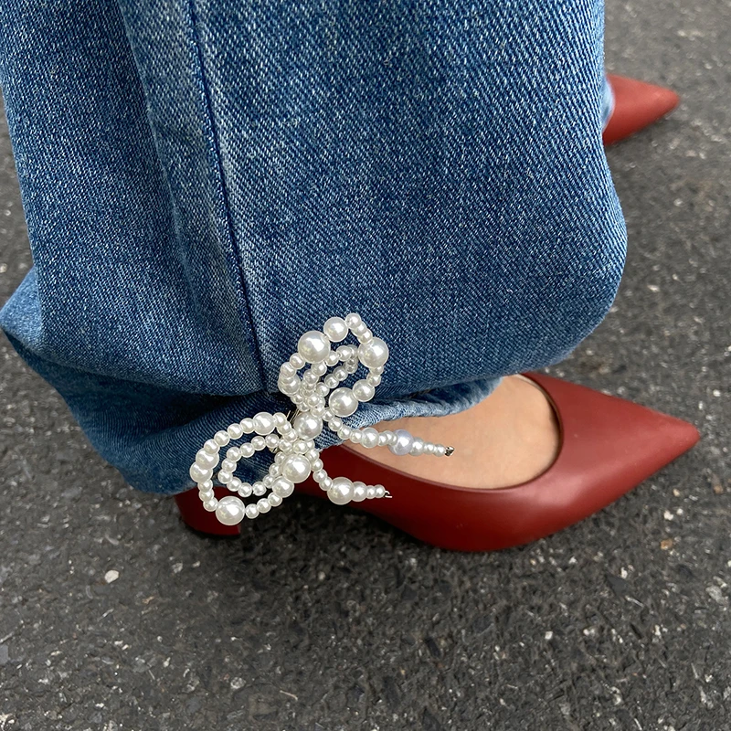 1pair Fashion Imitation Pearl Bow Pin Pants Ankle Chain For Women Jeans Jewelry Trouser Leg Decorative Clothing Accessories