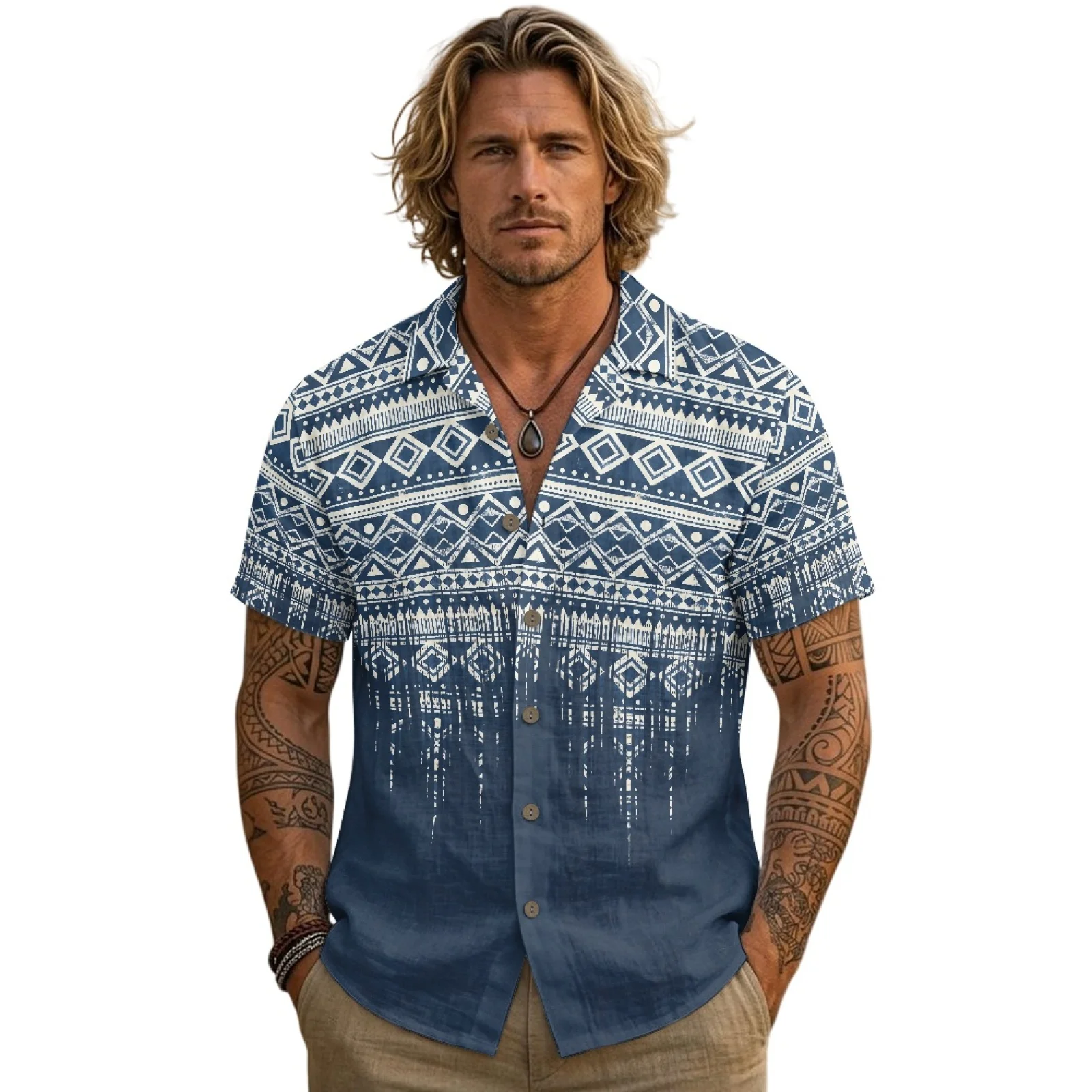 PENSTROLL Single Breasted Linen Style Men's Hawaiian Beach Shirt Comfortable men's T-shirt for Autumn Geometric Diamond