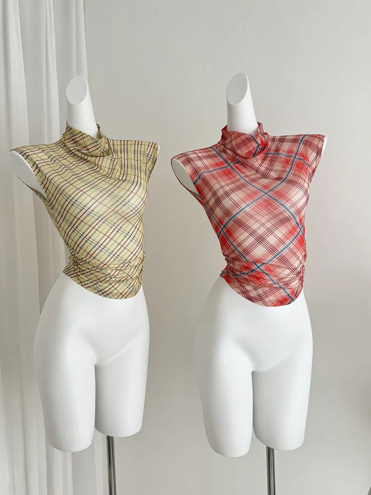 Summer Women Old Money French Vintage Plaid Tank Top Coquette Turtleneck T-Shirts 2000s Aesthetic Gyaru Crop Tops Tees Mori Girl