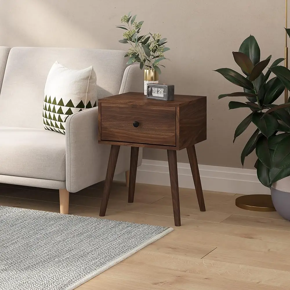 

Haisley Dark Walnut Mid- Modern Wood Nightstand With Soft Close Storage Drawer