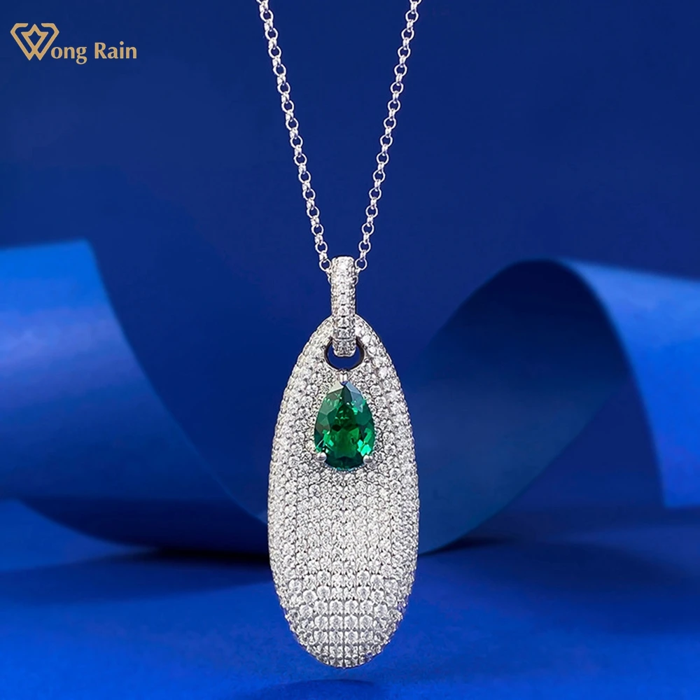 Wong Rain Vintage 925 Sterling Silver 6*9 MM Pear Cut Emerald High Carbon Diamond Gems Pendant Necklace Fine Jewelry Wholesale