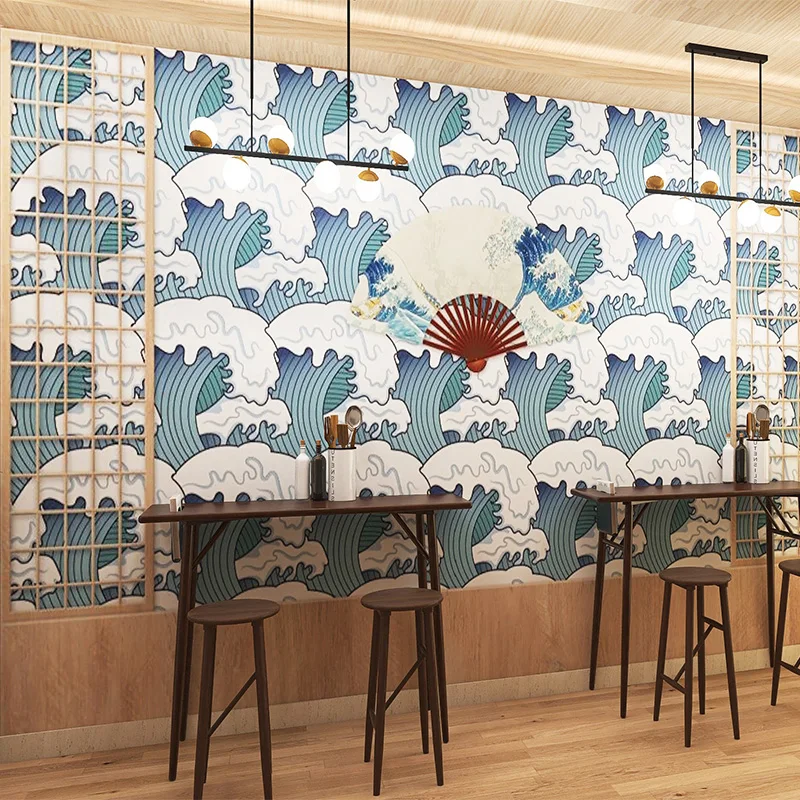 Productos personalizados, papel tapiz japonés ukiyo 3D, fondo de tatami con grullas y olas del mar, mural para taberna, sushi, vino, olas, dormitorio