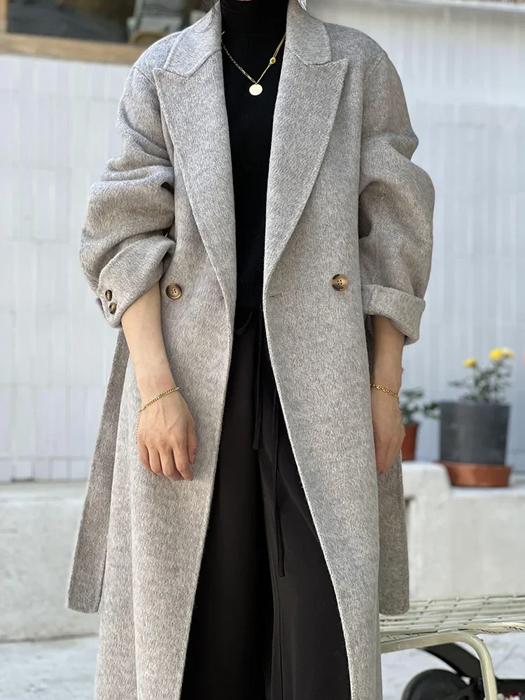 Winter New Double Sided Cashmere Coat Women Thick Korean Fashion Lace-up Lapel Wool Coat Female Gray Long Loose Wool Coat Women