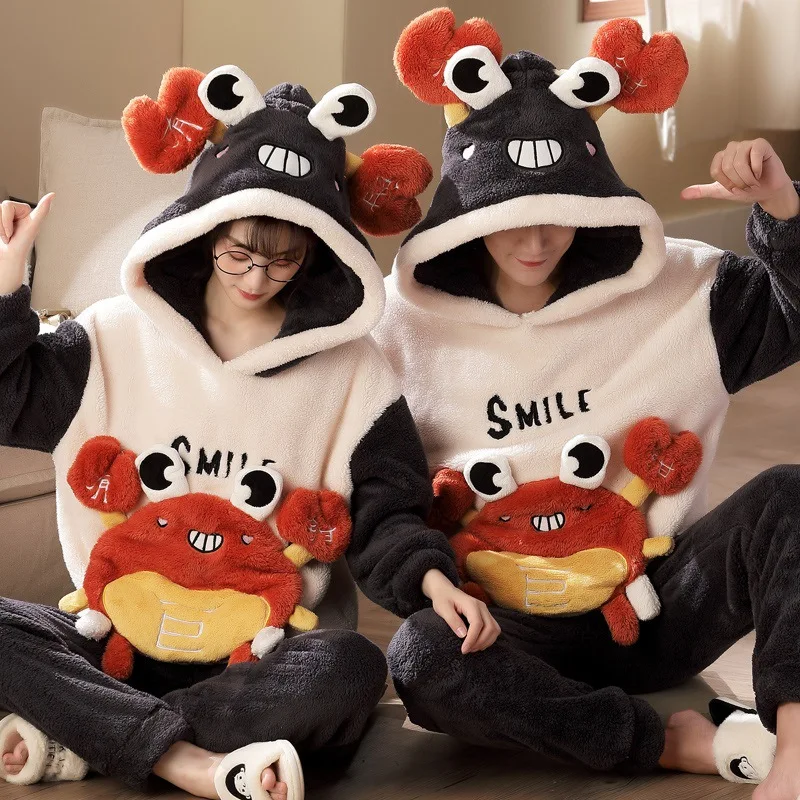 Couple Pajamas Sets Women Men Winter Korean Sleepwear Cartoon Panda Coral Fleece Warm Pyjamas Suits Lover Hoodie Pajamas Thicken