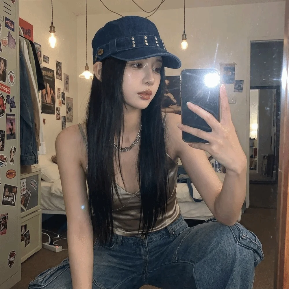 

Casual Cloth Rivet Denim Beret Washed Denim Y2k Rivet Flat Top Fashion Korean Style Equestrian Hat Outdoor