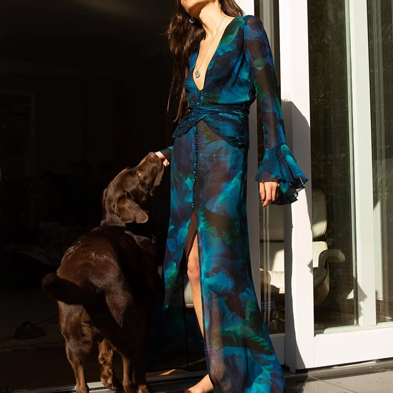 여성 고급 딥 V넥 쉬폰 파티 드레스 2025 봄 우아한 롱 슬리브 슬릿 드레스 쇼 스타일 플로럴 프린트 맥시 슬림 드레스