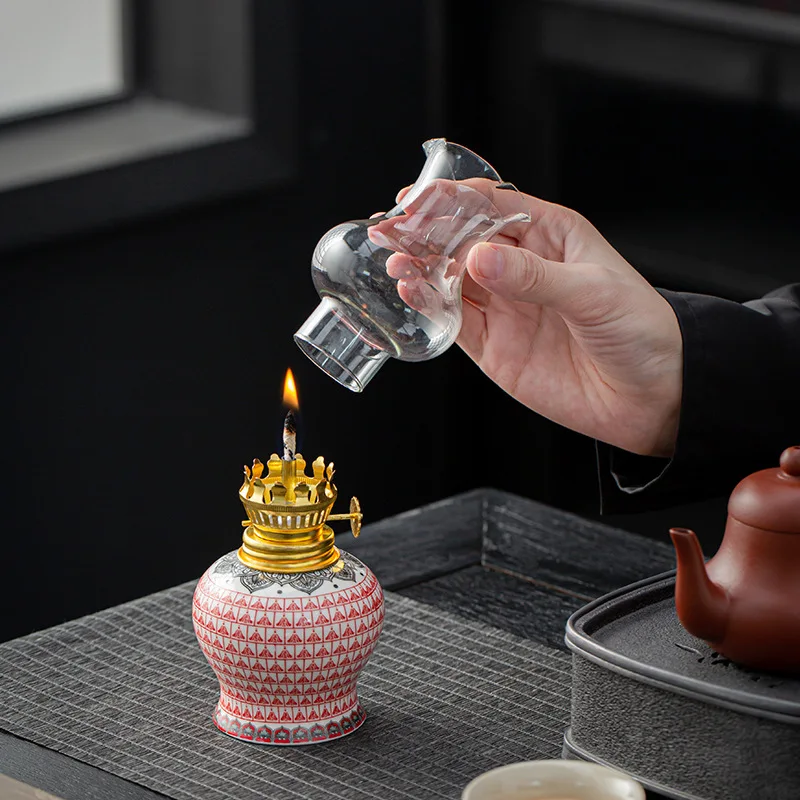 Ceramic Creative Butter Lamp Camping Ambient Light Retro Small Oil Lamp Home Buddha Offering Decoration for Tea Room