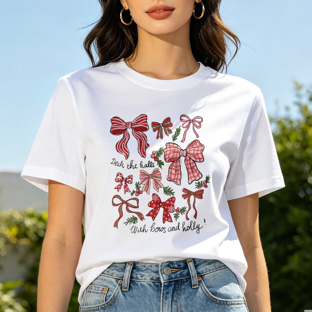 Christmas Shirt Trendy Deck The Halls Short Sleeve Tee Cozy Holiday Shirt for Mom Cute Gift Bows and Holly Vintage Holiday Shirt