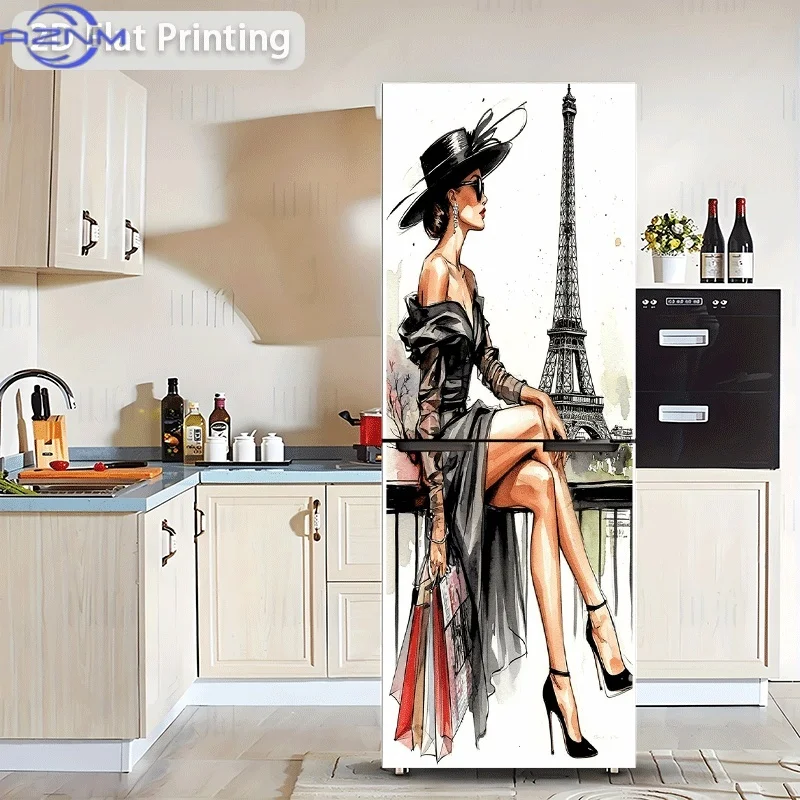 of Refrigerator Sticker Measuring 60X180 Cm Featuring a Stylish Woman Sitting by a Railing with The Eiffel Tower in The Backgr