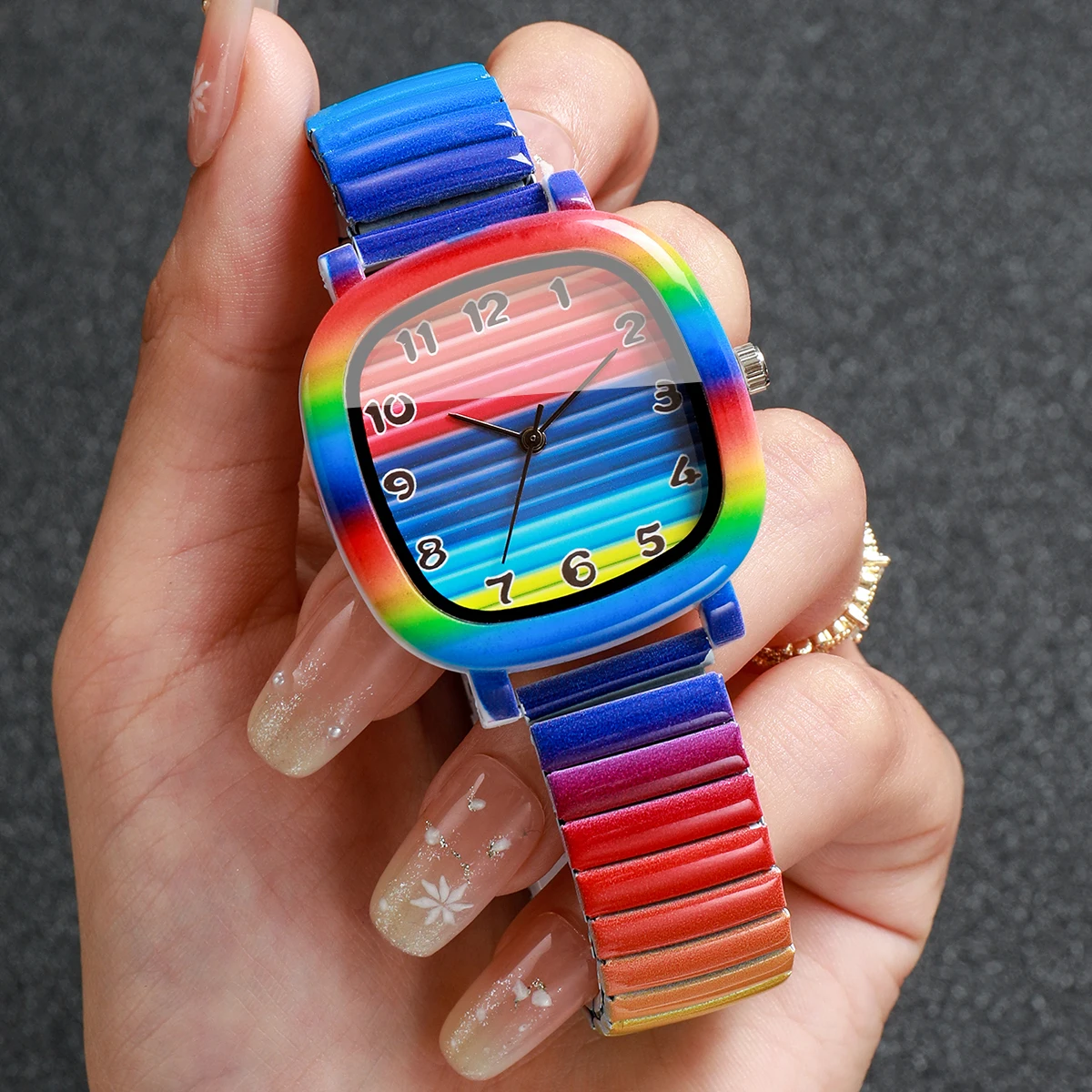 Fashion Rainbow Elastic Stretch Band Women Watches Square Girls Dress Wristwatch Clock Gift Relogio Feminino（Without Box） - view 3