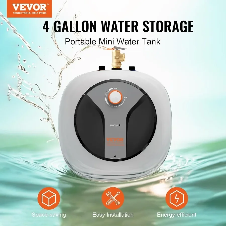 Electric Mini-Tank Water Heater 4-Gallon Tank, 1440W Hot Water Boiler Storage, Safety Temperature Pressure Valve Easy Install,
