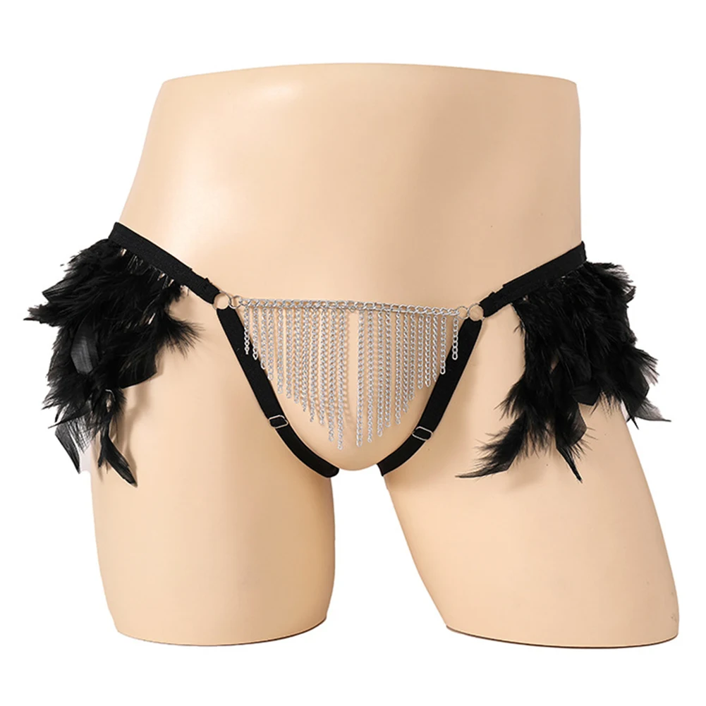 

Sexy Men Sissy Briefs Chain Tassels G-string Low Waist Open Crotch Underwear Feather Bikini Thong Seduction Erotic Underpant