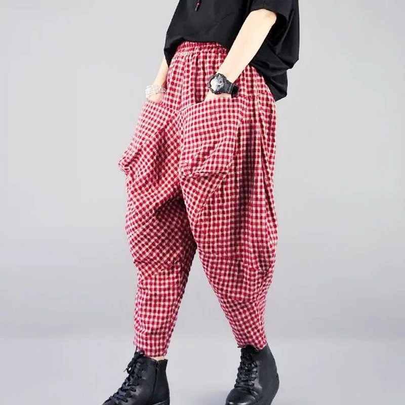 Summer New Elastic Waist Fashion Plaid Printing Haren Pants Women High Street Casual Loose Pockets Patchwork Cotton Hemp Pants