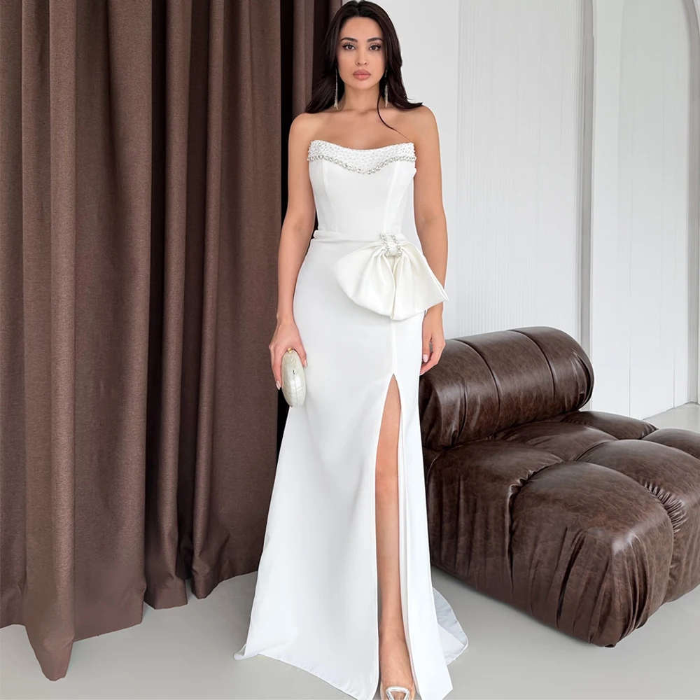 

Classic White Jersey Evening Dress Fashion Mermaid Strapless Prom Dresses Delicate Beading Bow Customized Special Occasion Gowns