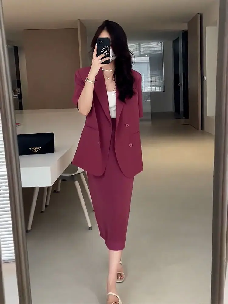 Women\'s Summer New Fashion Thin Short Sleeved Suit+Midi Skirt Two Piece Korean Elegant Loose Blazers Jacket Dress Matching Set