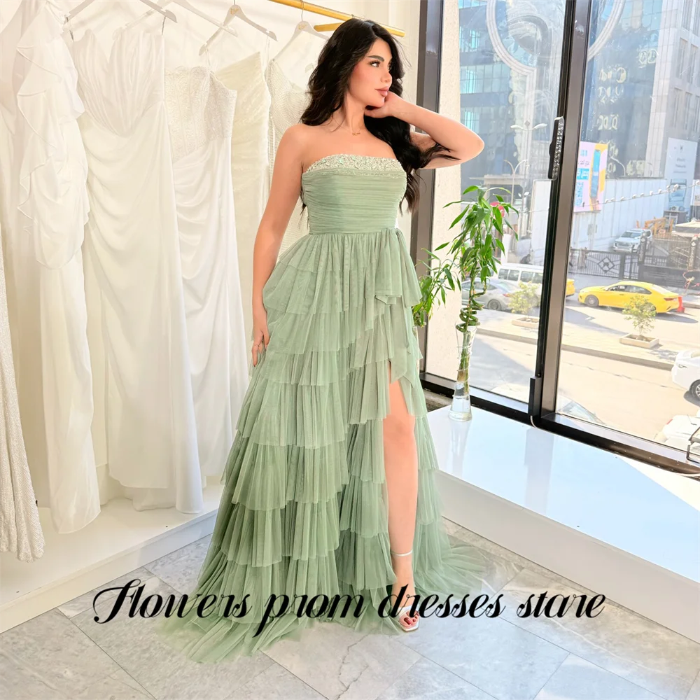 Flowers Mint Green Party Dresses Strapless Evening Dresses Beading On Chest Prom Gown Layered فساتين سهره Customized