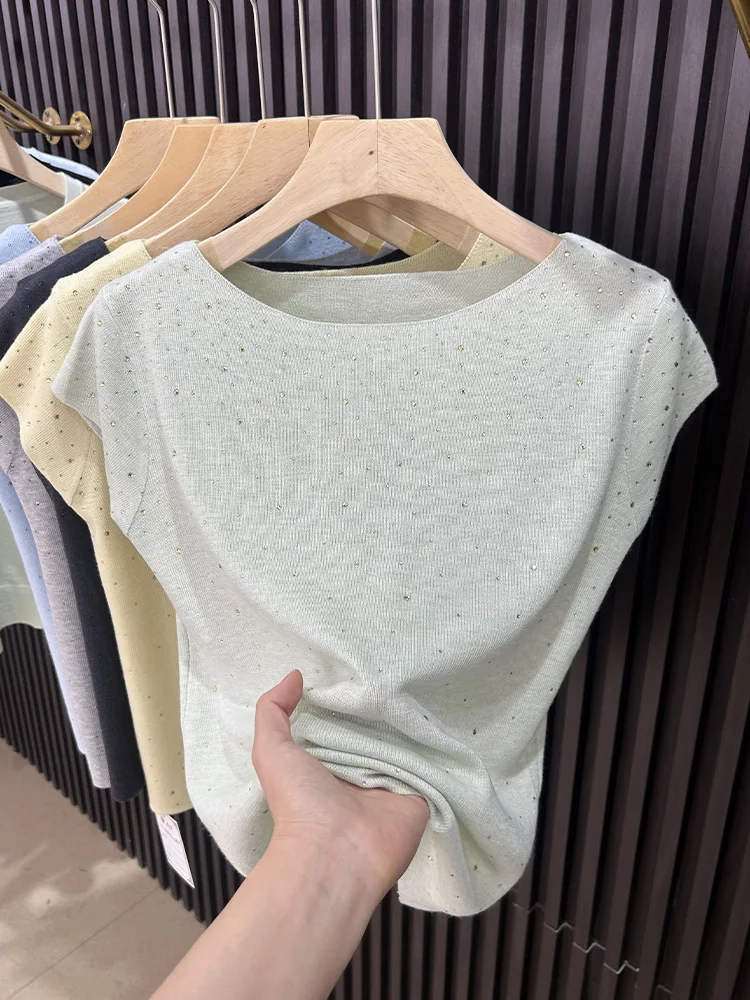 Elegant round Neck Knitted T-Shirt Women's Summer New Soft Loose Sleeveless Base Shirt Pure Color Heat Transfer Diamond