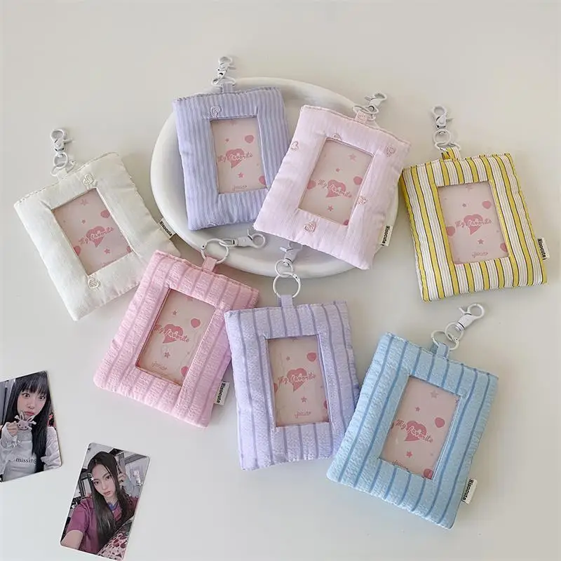 Dopamine Cute Padded Stripe Love Card Holder Photocard Holder Idol Photo Display Storage Protect Cover Keyring Pendant Bag Charm