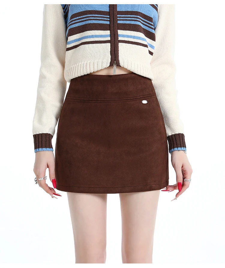 Outono inverno saia feminina pele de veado veludo cintura alta uma linha capa curta barriga meio corpo retro anti brilho emagrecimento hip abraçando