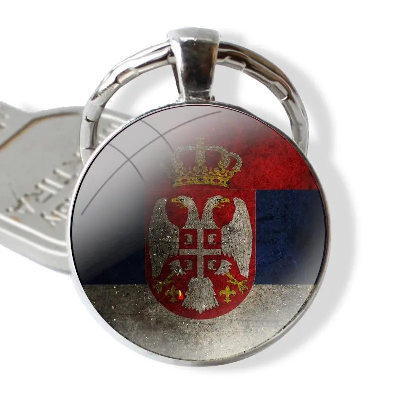 Fashion Creative Design Cartoon Keychain Handmade Glass Cabochon Key Ring Holder Pendant Key Chains Serbia Flag