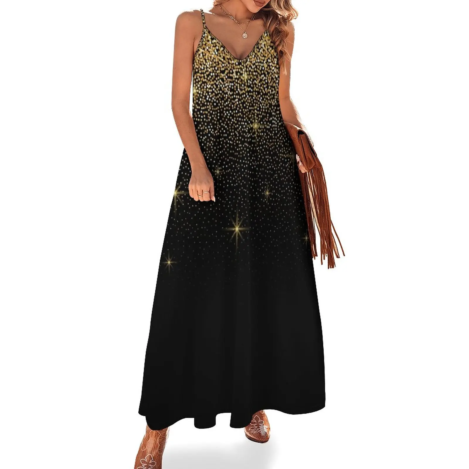 

New black and gold glitter pattern Sleeveless Dress womens clothing party dress women elegant luxury