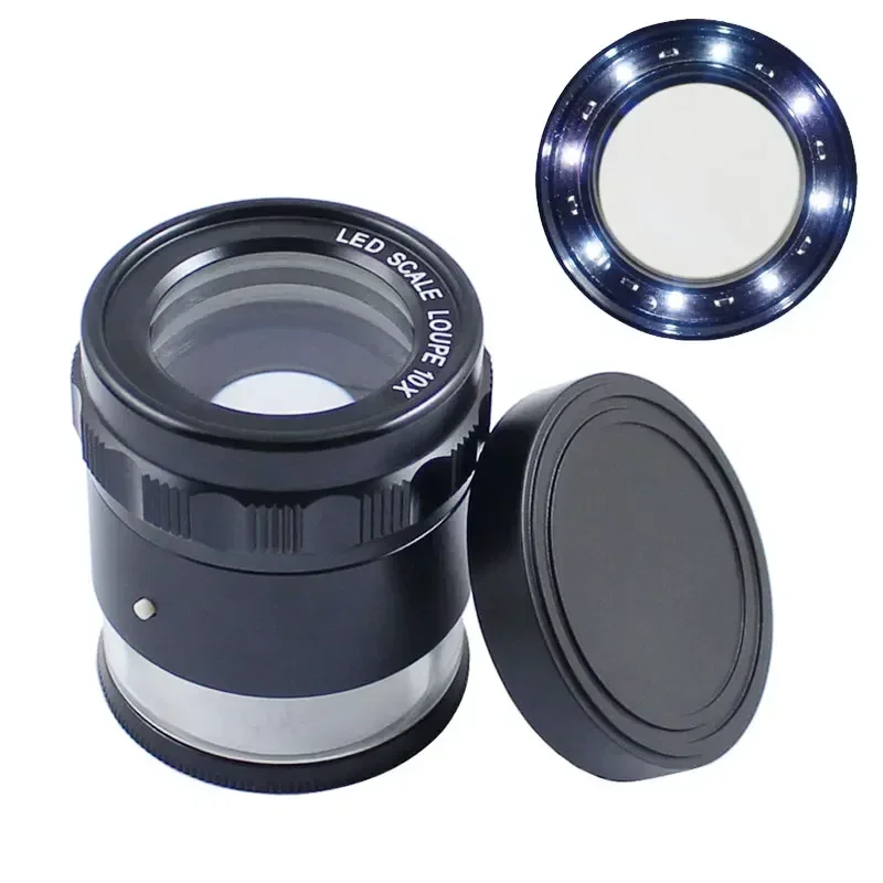 10x Loupe Lighted Portable Cylinder Magnifier Triplet Optical Lens Scale Printing Helping Hands Magnifying Glass with LED Lights