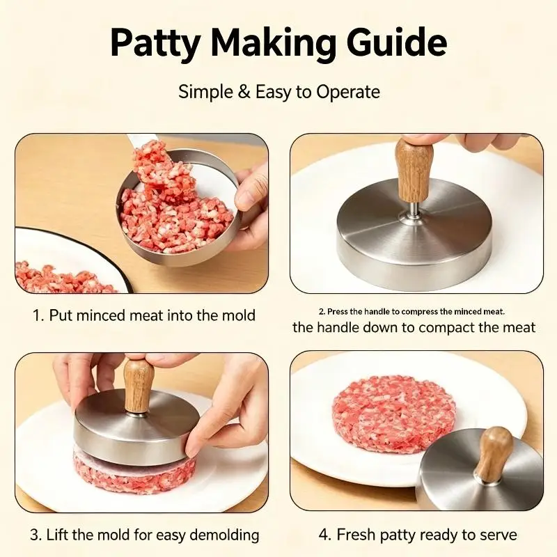 Nonstick Stainless Steel Burger Press Patty Maker With Anti Slip Wood Handle For Kitchen BBQ Homemade Hamburger