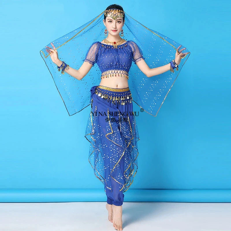 

Индийское Болливудовое платье для танца живота, шифоновый топ, брюки, набедренный шарф, сценический костюм на Хэллоуин, одежда с вуалью на голову для женщин