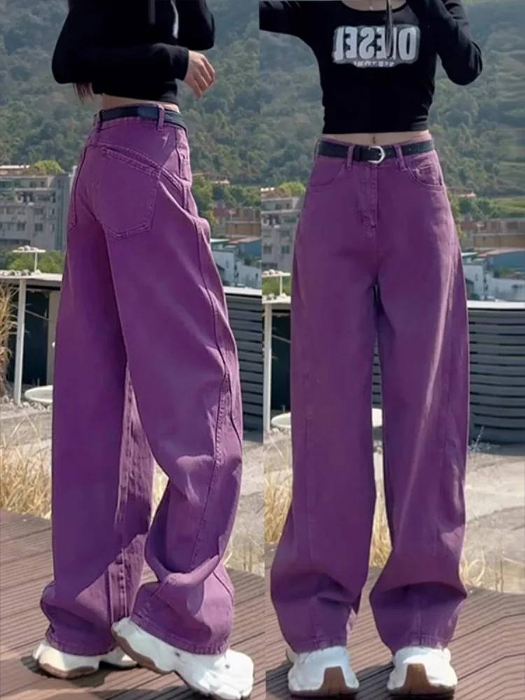 Spodnie jeansowe plus size w kolorze fioletowym, luźne, z wysokim stanem, wyszczuplające, proste nogawki, codzienne, wygodne, dżinsowe, jesienne modne.