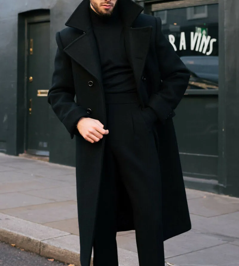 Blazer de trespassado sob medida para homens, roupas de lã, casaco longo, sobretudo de inverno quente