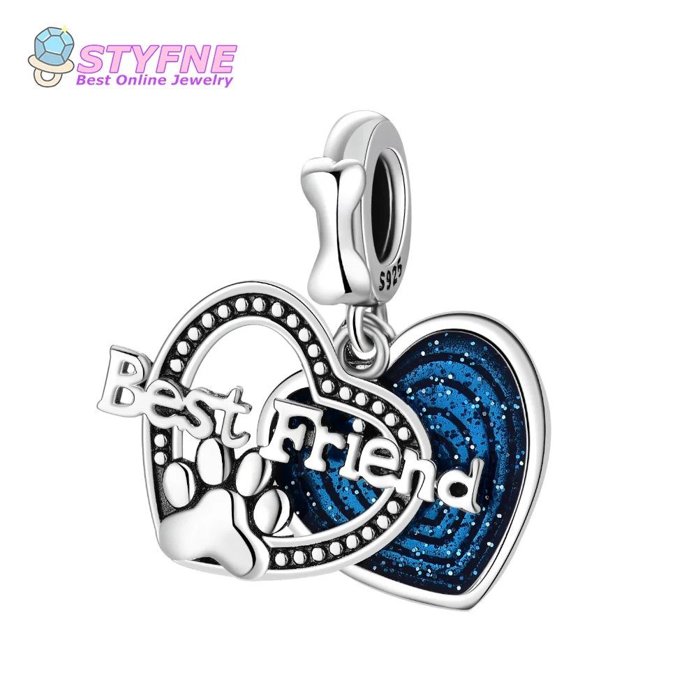 925 Sterling Silver Openwork Beaded Edge Love Heart Dog Paw Pendant Bead Charm Suitable for DIY Bracelet and Necklace Pendant