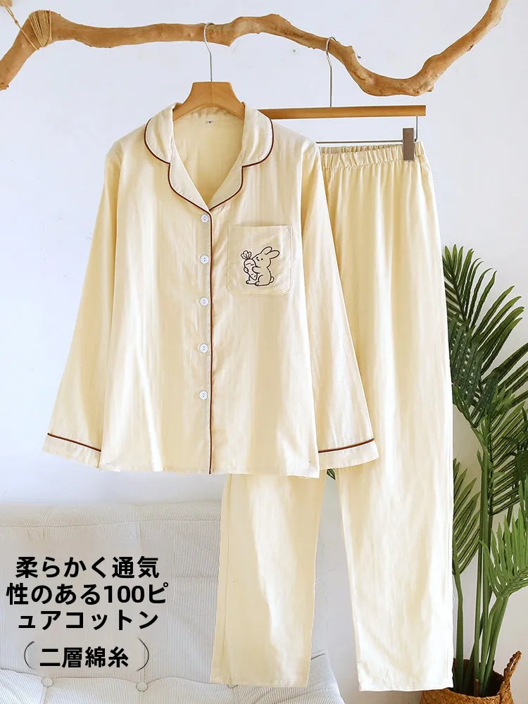 00-cotton-spwear-women's-spring-autumn-summer-thin-pure-cotton-gauze-irt-collar-long-sve-long-pants-home-clothes-beige