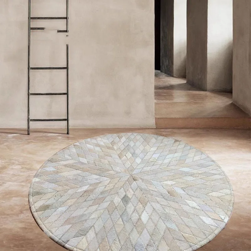 

Handmade Real Cowhide Patchwork Carpet Customize Nordic Geometry Bedroom Study Room Round Rug Chair Mat Simple Cloakroom Carpet