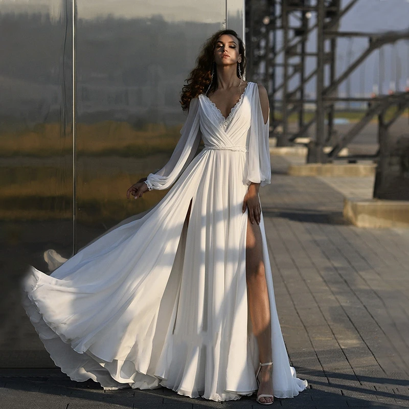 Simple Elegant Wedding Dresses For Women 2024 Sexy V-neck Bridal Gown Satin Chiffon Puff Sleeve Robe For Formal Party Customized