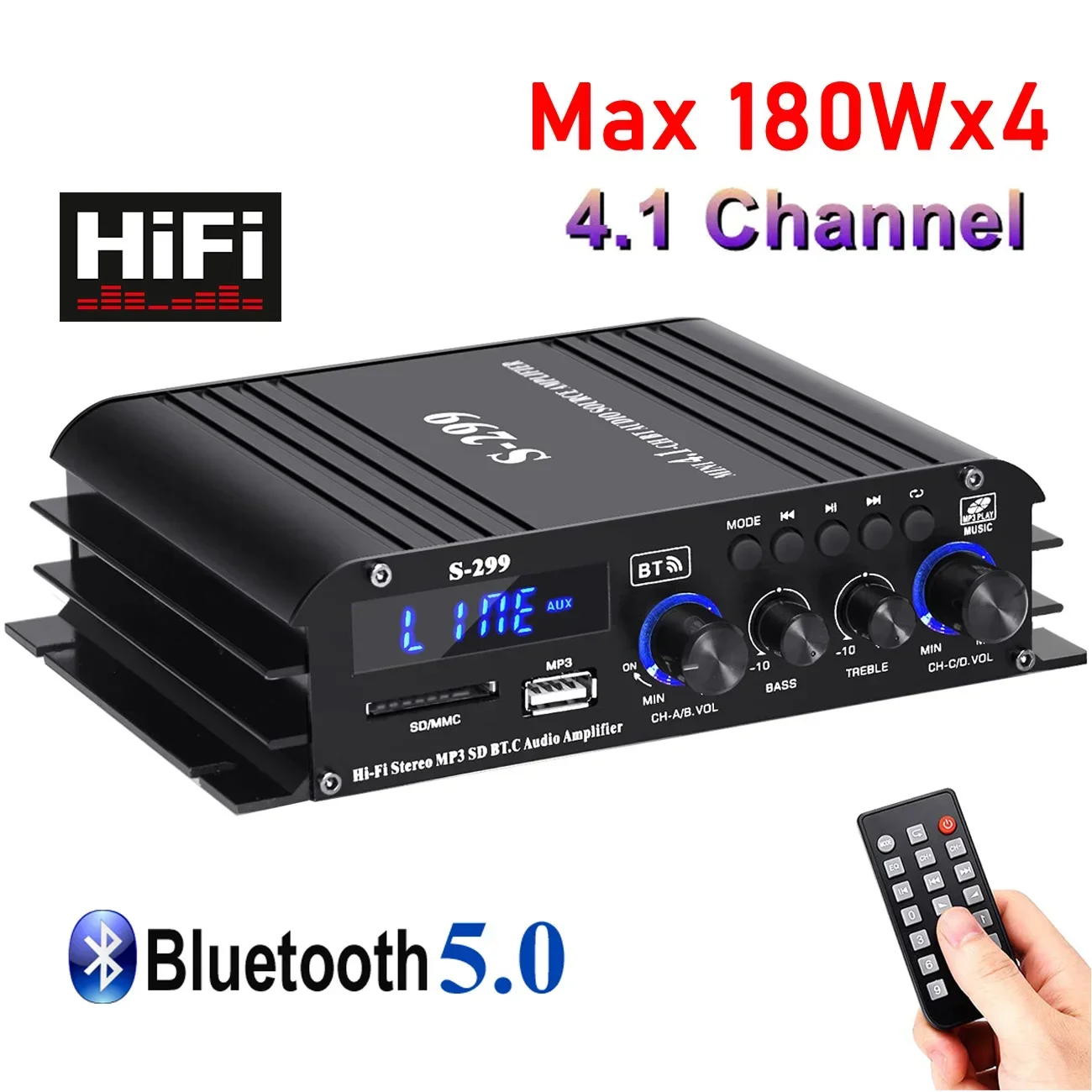 

Audio Amplifier S-299 Channel-4.1 Digital AMP Bluetooth 5.0 Rated Power 40Wx4 with Remote for Home Theater Car RVs steamboat