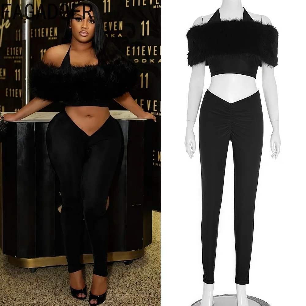 

FAGADOER Sexy Fur Patchwork Two Piece Outfits Woman Halter Sleeveless Backless Crop Top and Leggings Female Streetwear Clothing