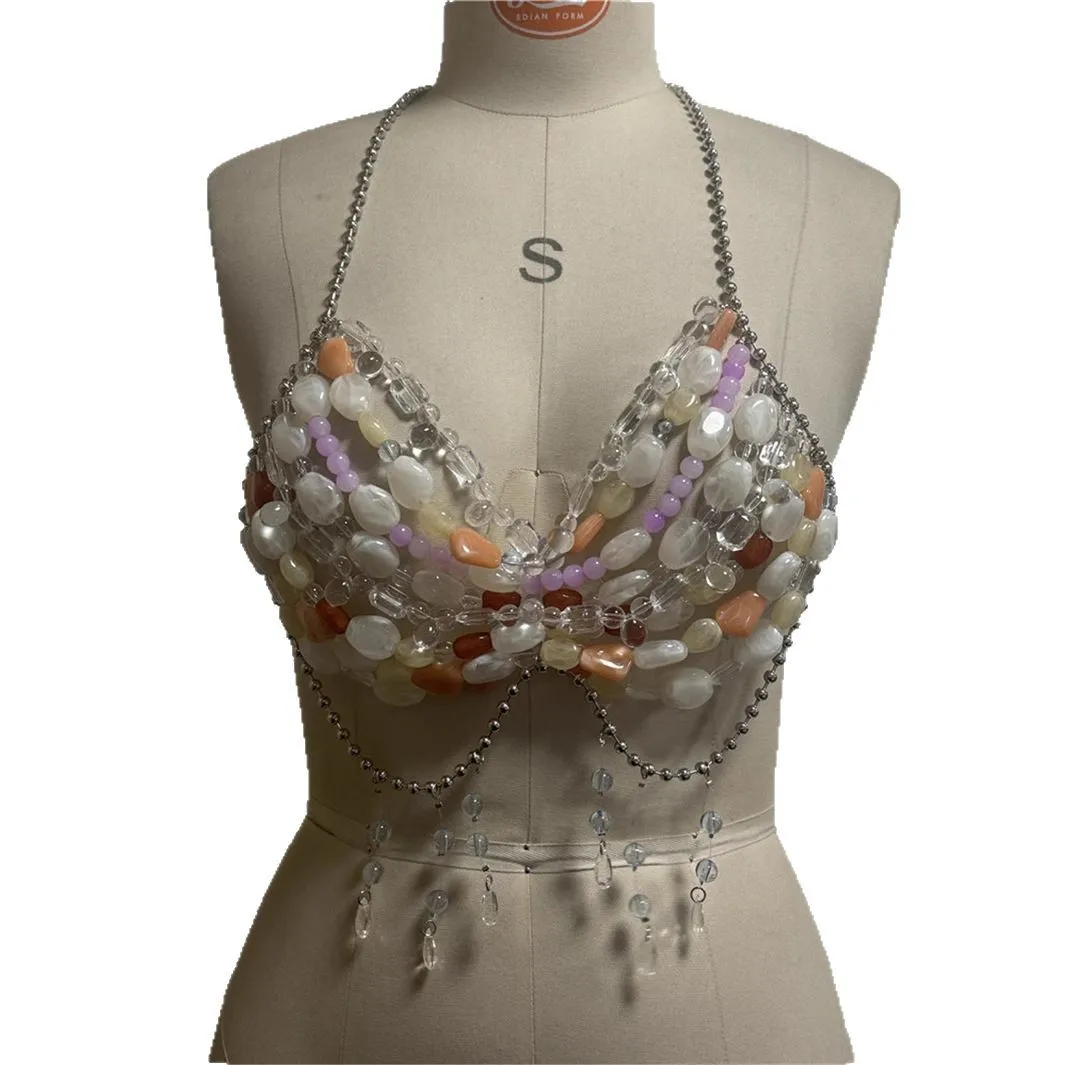 

Rainbow Multicolored Gemstone Pearl Necklace Handmade Halter Neck Tank Top Y2k Bohemian Music Festival Layered Body Chain