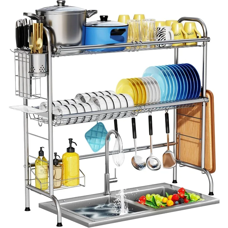 Stainless Steel Two-layer Dish Drying Rack Over Sink, with Cutlery Holder, Large, for Kitchen Counters